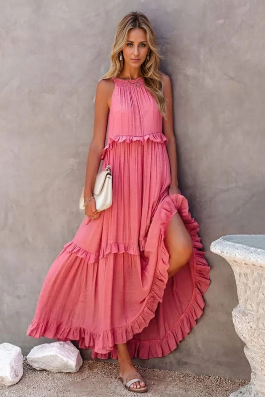 Ruffled Sleeveless Tiered Maxi Dress with Pockets Watermelon pink Maxi Dresses JT's Designer Fashion