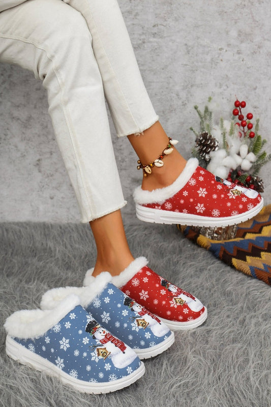 Snowman Print Flat Slippers with Faux Fur Slippers JT's Designer Fashion