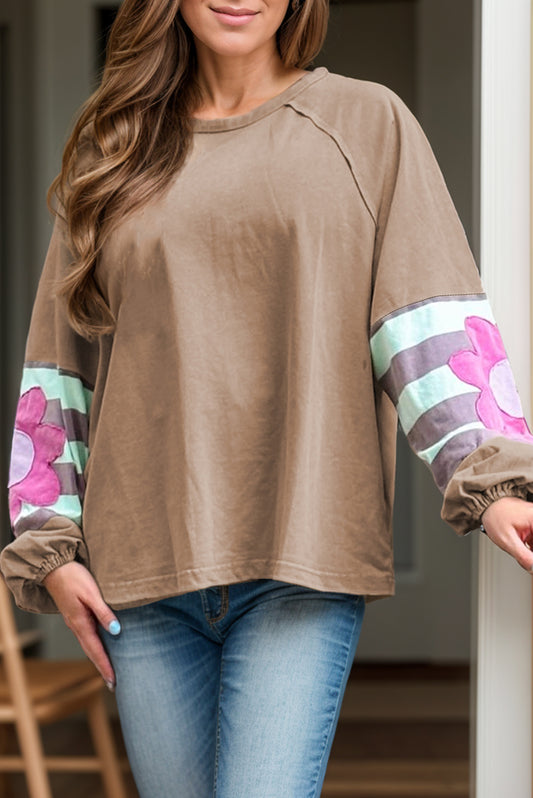 Plus Size Flower Round Neck Long Sleeve Blouse Camel Long Sleeve Tops JT's Designer Fashion