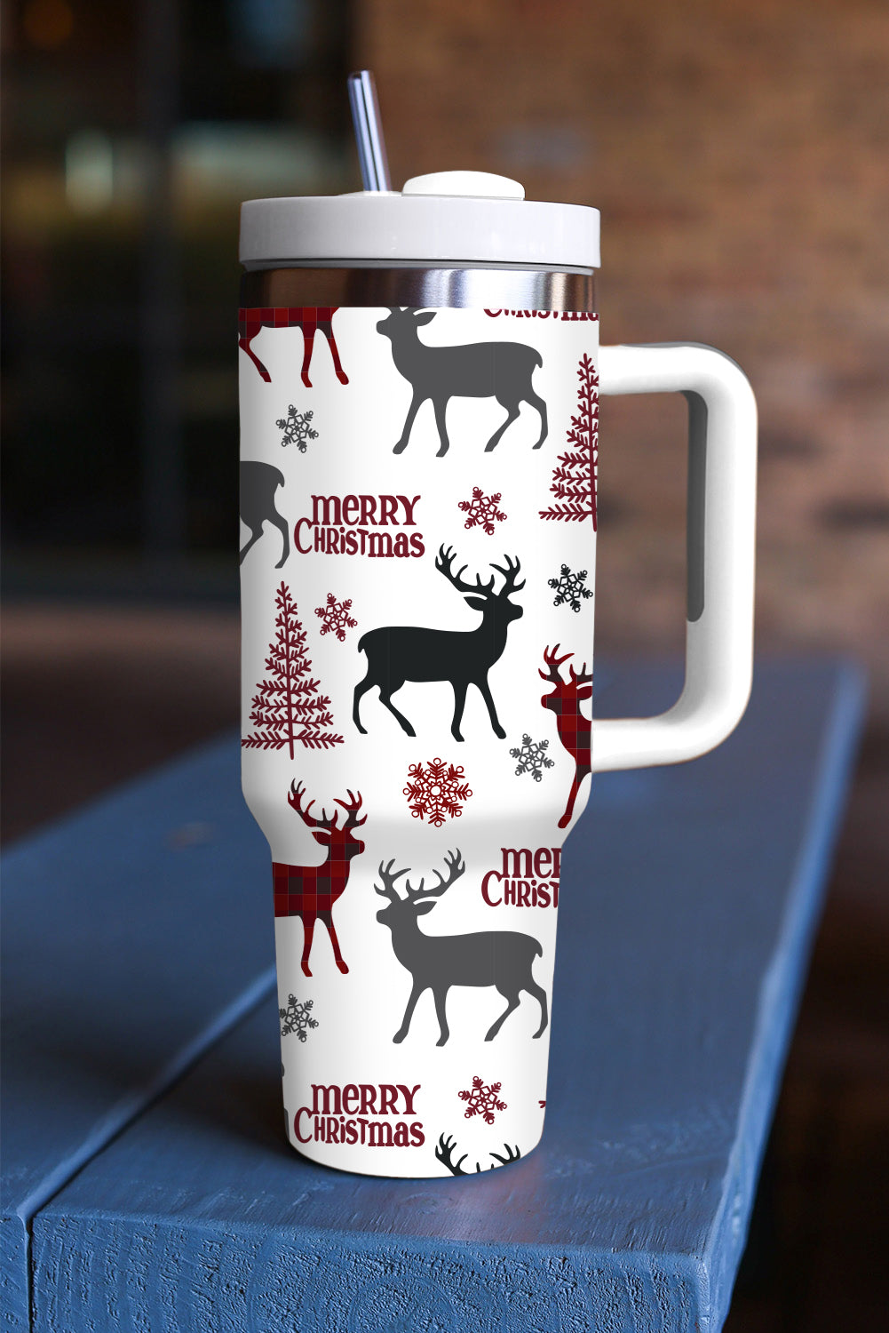 White Merry Christmas Tree Snowflake Elk Print Handle Tumbler Tumblers JT's Designer Fashion