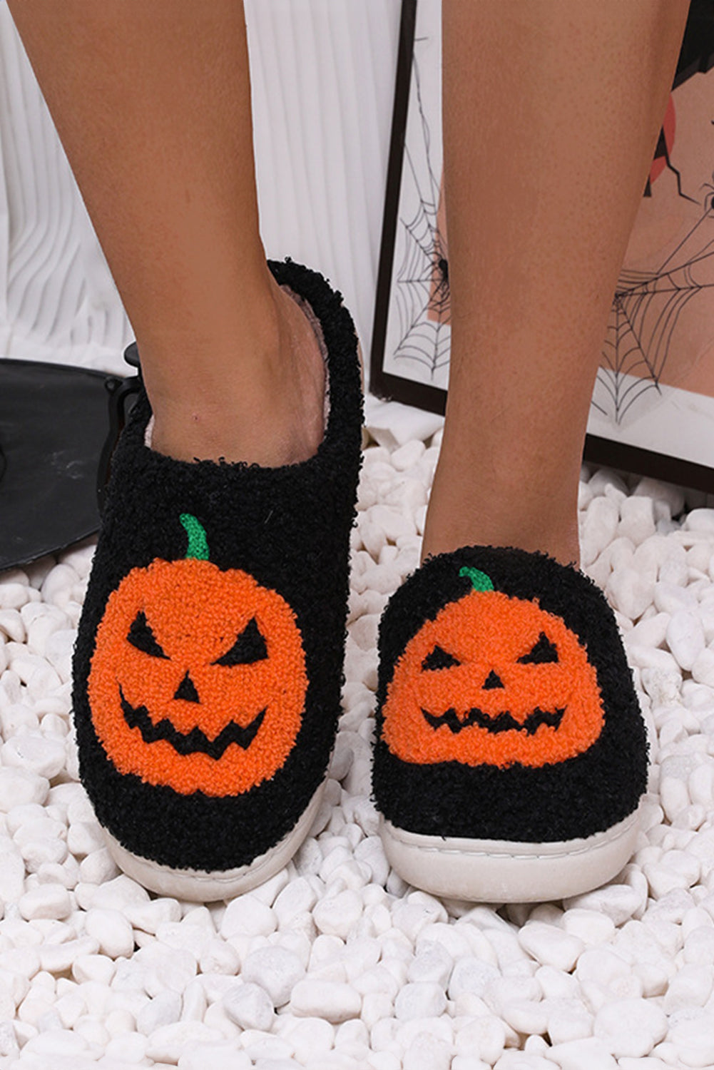 Black Halloween Pumpkin Print Plush Slippers Slippers JT's Designer Fashion