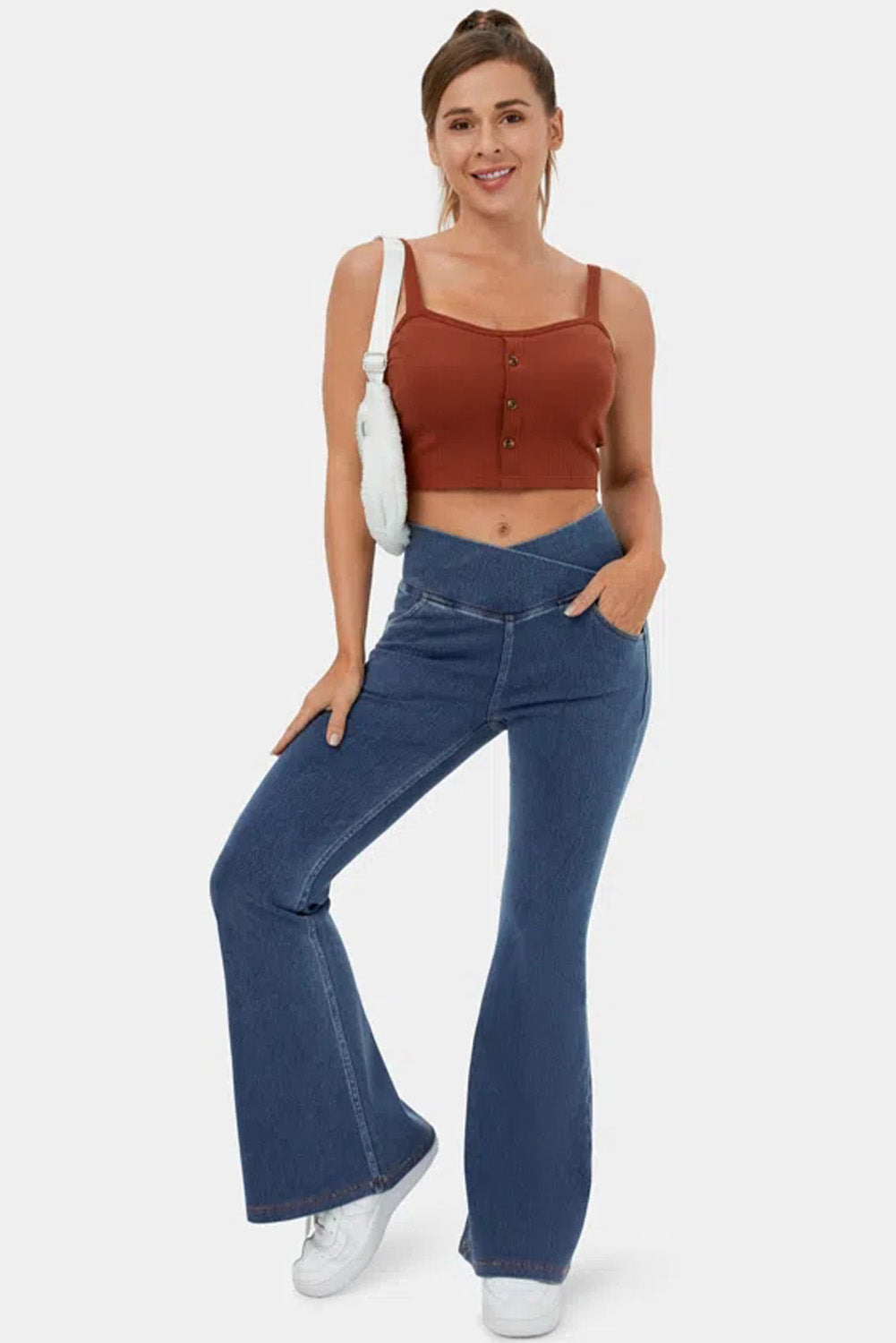 Sail Blue Crossover High Waisted Stretchy Flare Jeans Bottoms JT's Designer Fashion