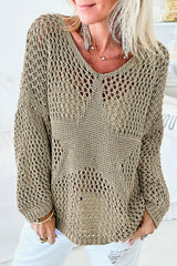Light French Beige Star Pointelle Knit Baggy Sweater Sweaters & Cardigans JT's Designer Fashion