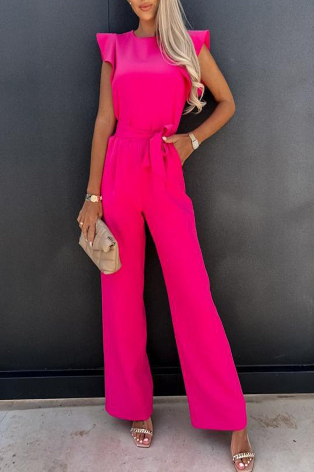 Ruffled Round Neck Cap Sleeve Jumpsuit Jumpsuits & Rompers JT's Designer Fashion