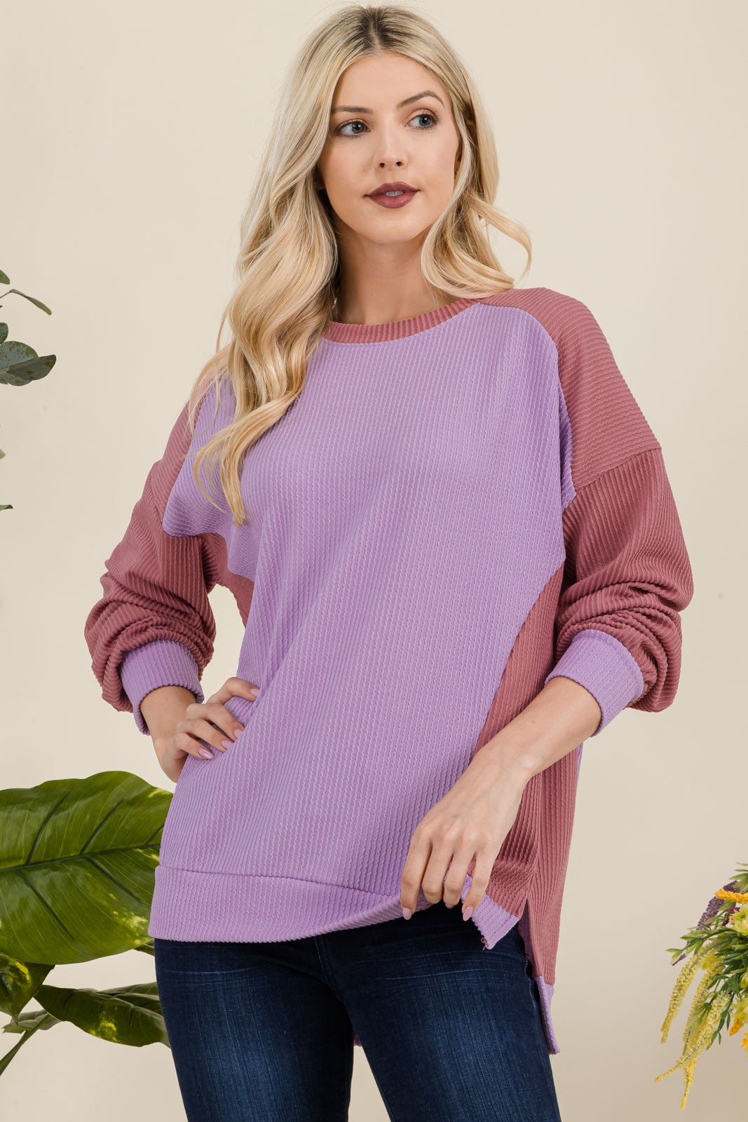 Full Size High-Low Contrast Round Neck Sweatshirt Long Sleeve Tops JT's Designer Fashion