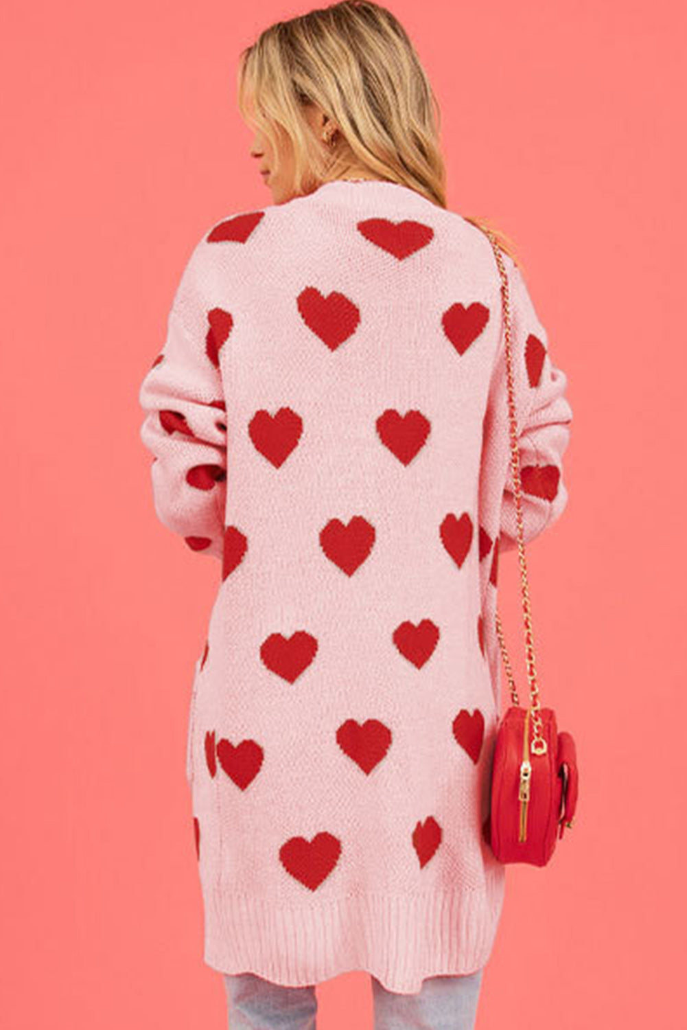 Light Pink Valentine's Day Heart Pattern Ribbed Trim Open Front Cardigan Sweaters & Cardigans JT's Designer Fashion