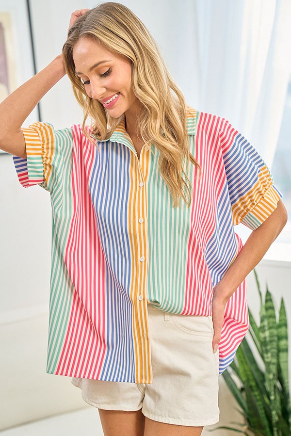 First Love Full Size Striped Button Down Short Sleeve Shirt Blouses & Shirts JT's Designer Fashion