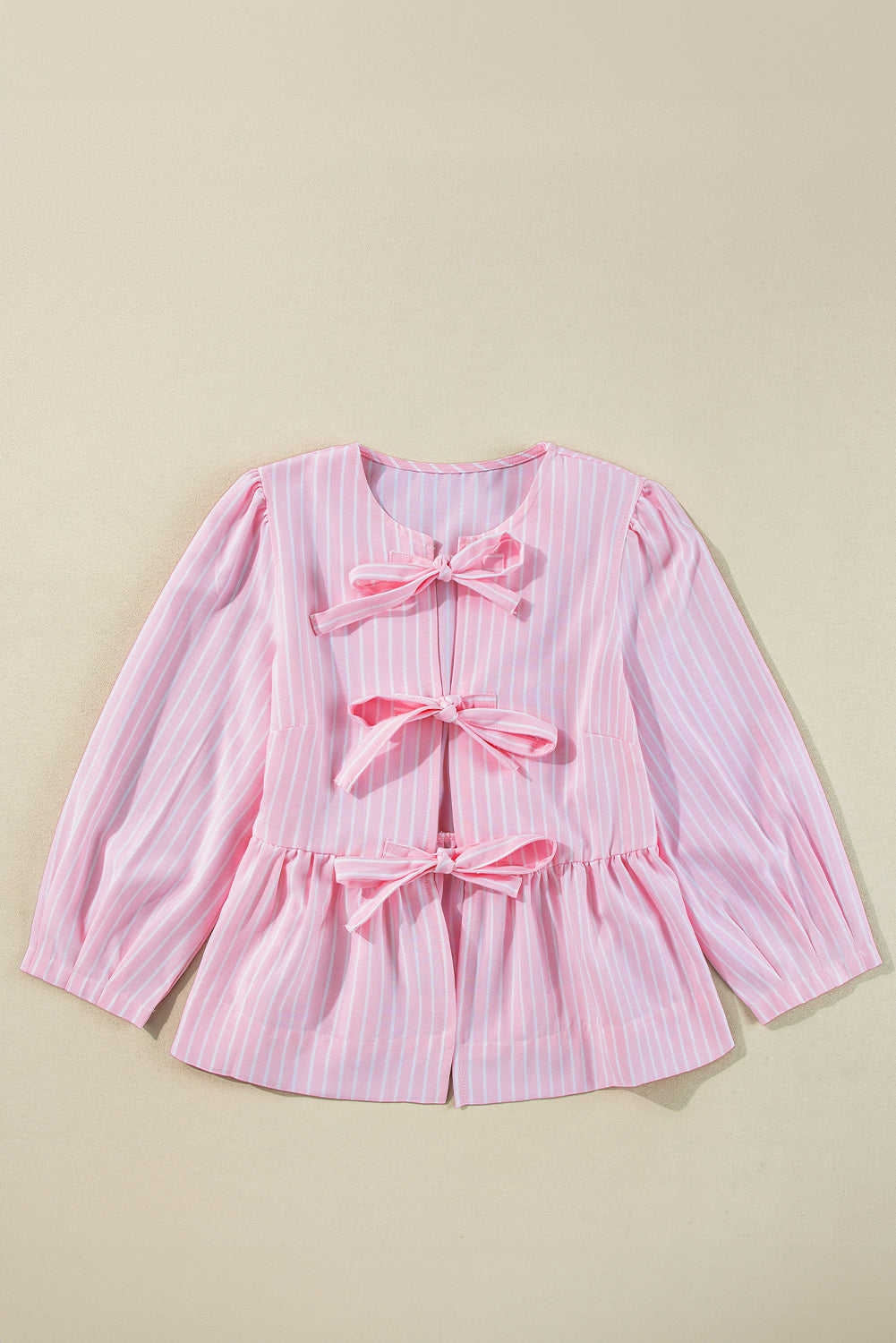 Pink Stripe Bowknot Front Crew Neck Puff Sleeve Blouse Blouses & Shirts JT's Designer Fashion