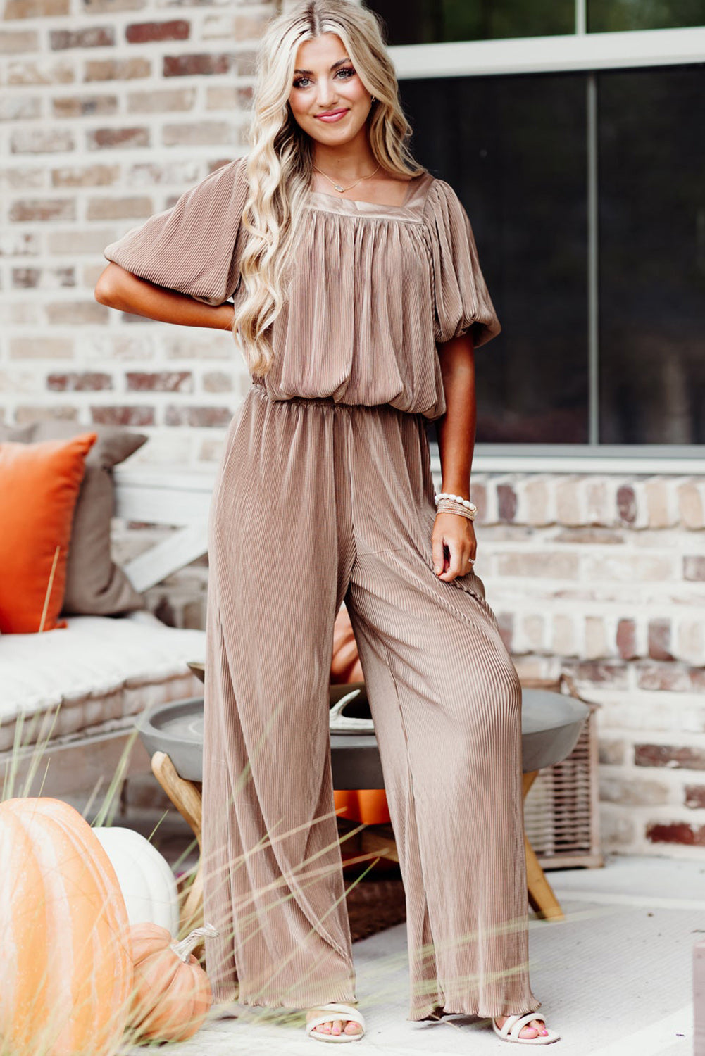 Smoke Gray Corded Square Neck Puff Sleeve Top Wide Leg Pants Set Bottoms JT's Designer Fashion