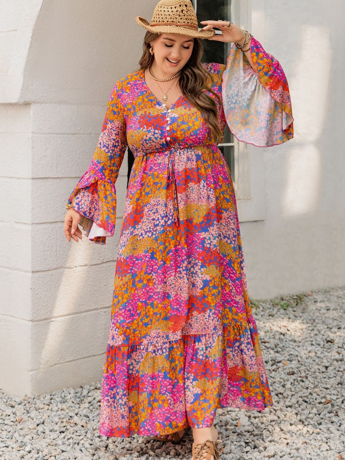 Plus Size Printed V-Neck Long Sleeve Maxi Dress Maxi Dresses JT's Designer Fashion