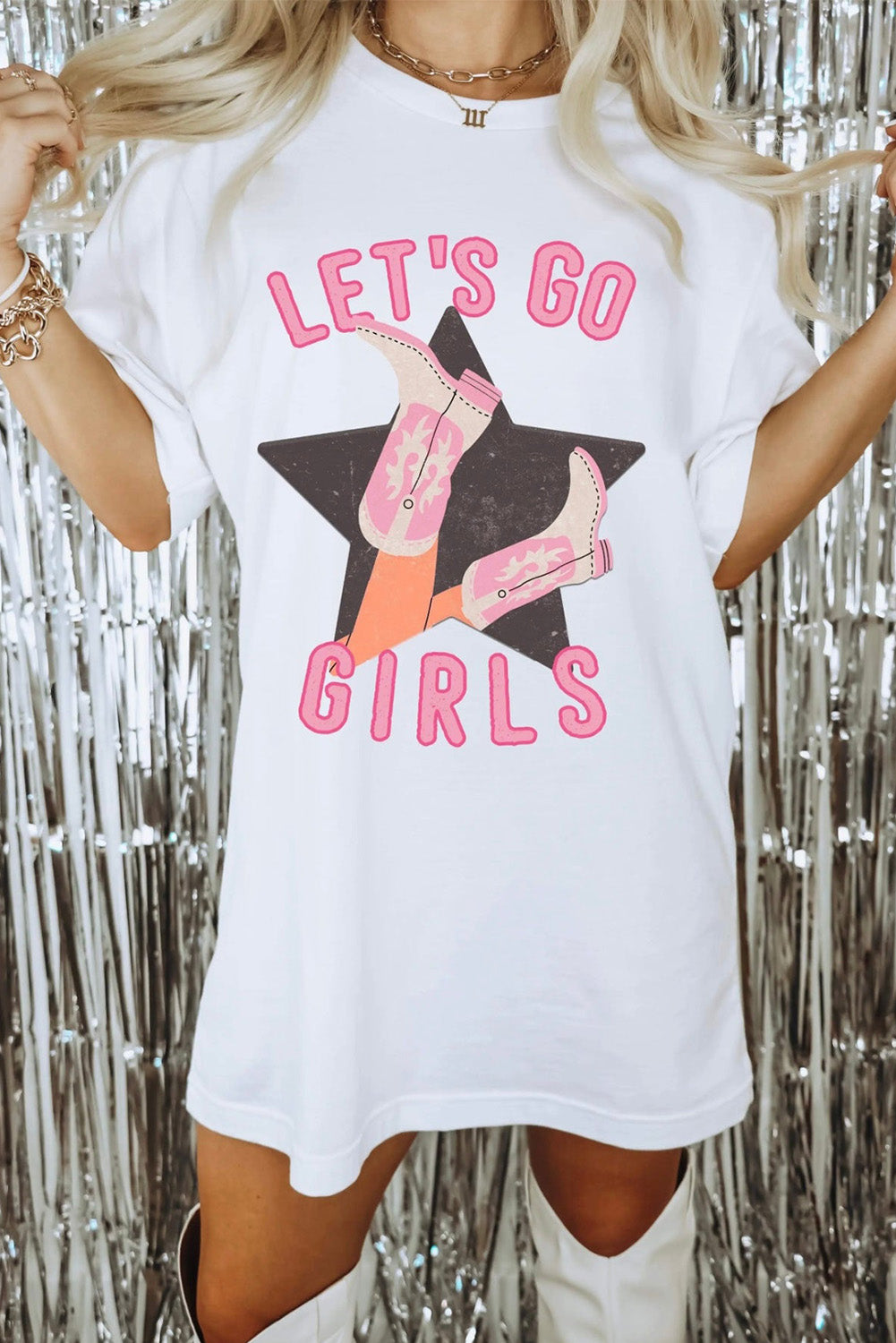 White Lets Go Girls Western Graphic Tee White 95%Cotton+5%Elastane Graphic Tees JT's Designer Fashion