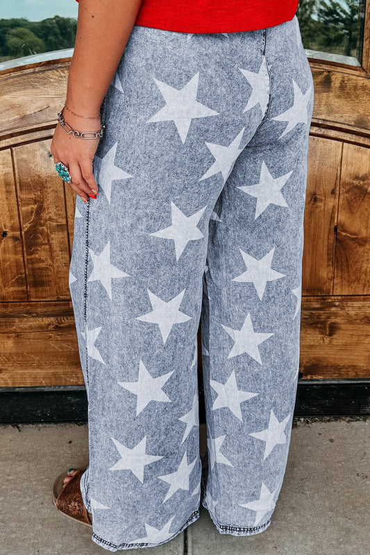 Light Blue Star Print Light Wash Drawstring High Waist Wide Leg Jeans Jeans JT's Designer Fashion