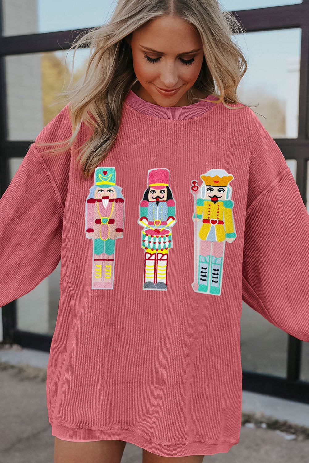 Strawberry Pink Chenille Nutcracker Doll Graphic Christmas Corded Sweatshirt Graphic Sweatshirts JT's Designer Fashion