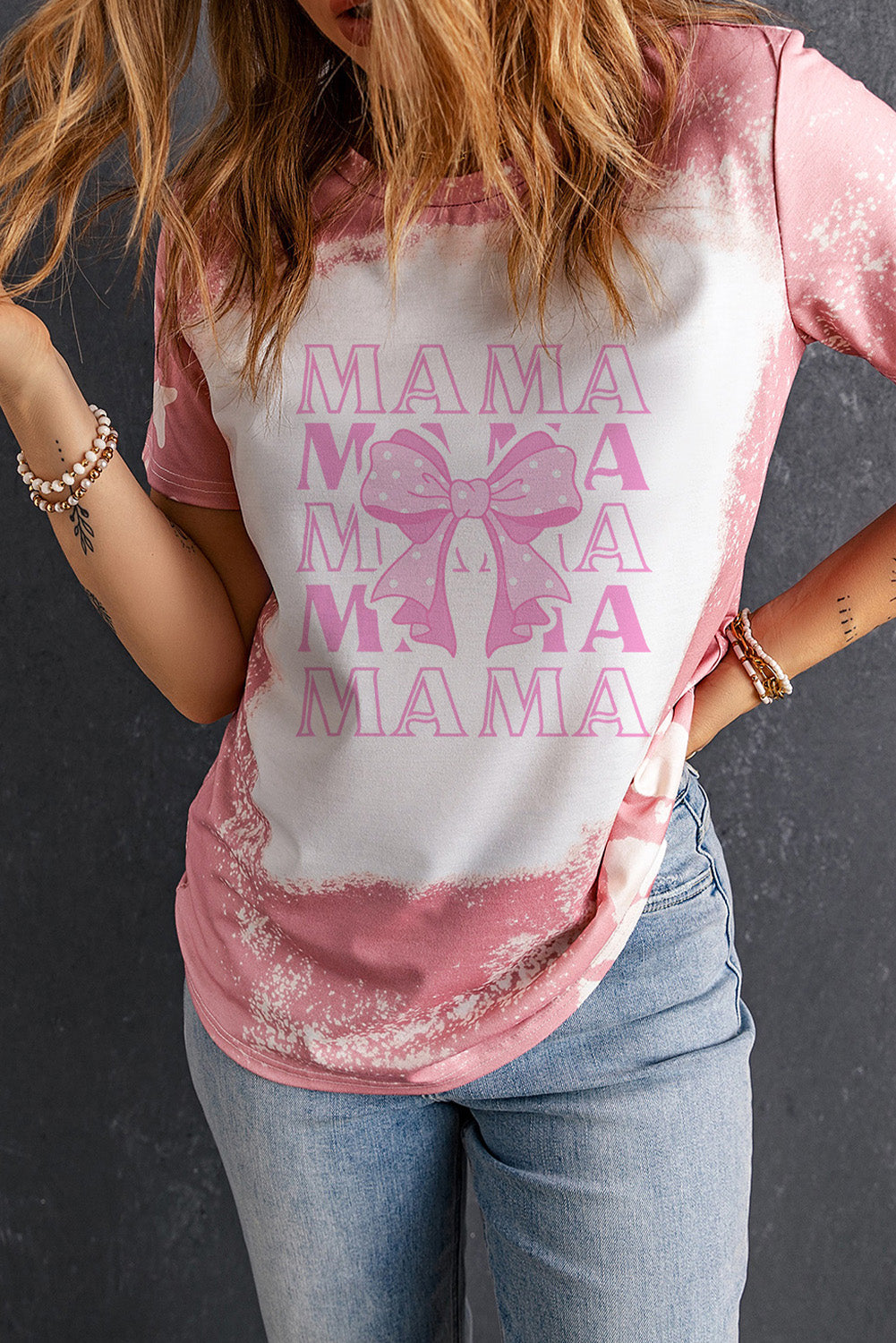 Pink MAMA Bowknot Graphic Bleached Tee Graphic Tees JT's Designer Fashion