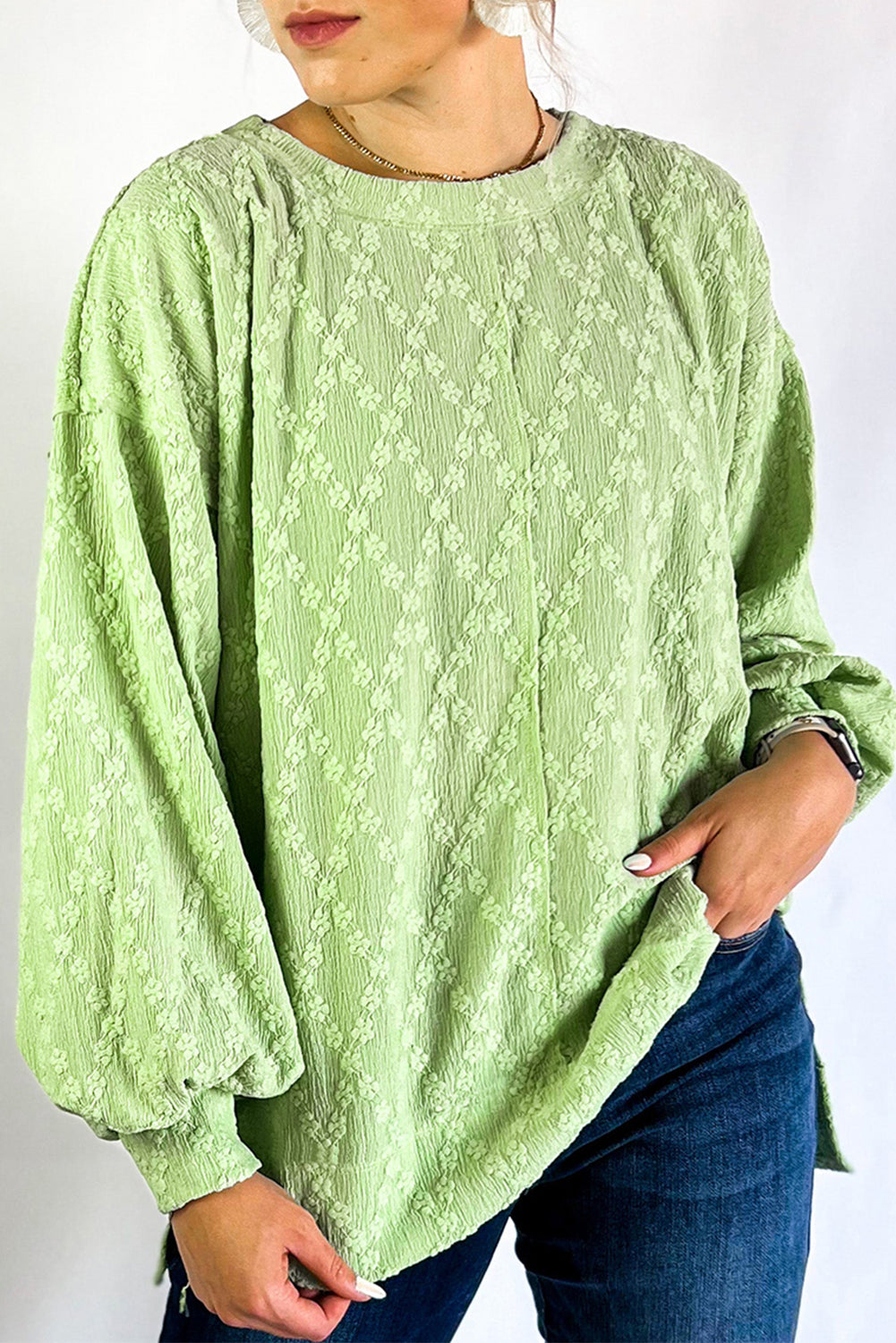 Light Green Solid Color Textured Side Split Crew Neck Blouse Blouses & Shirts JT's Designer Fashion