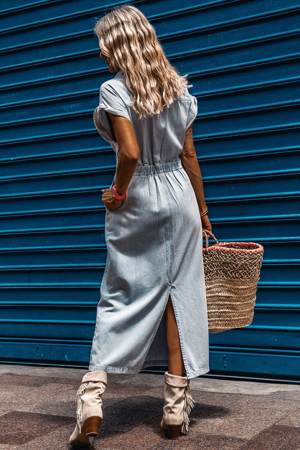 Beau Blue Short Batwing Sleeve Slit Back Denim Dress Maxi Dresses JT's Designer Fashion