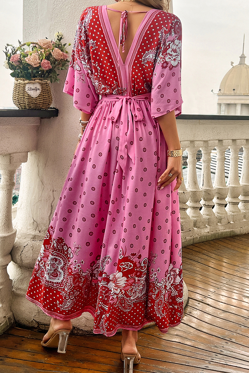 Pink Floral Print Knotted Open Back High Waist Maxi Dress Maxi Dresses JT's Designer Fashion