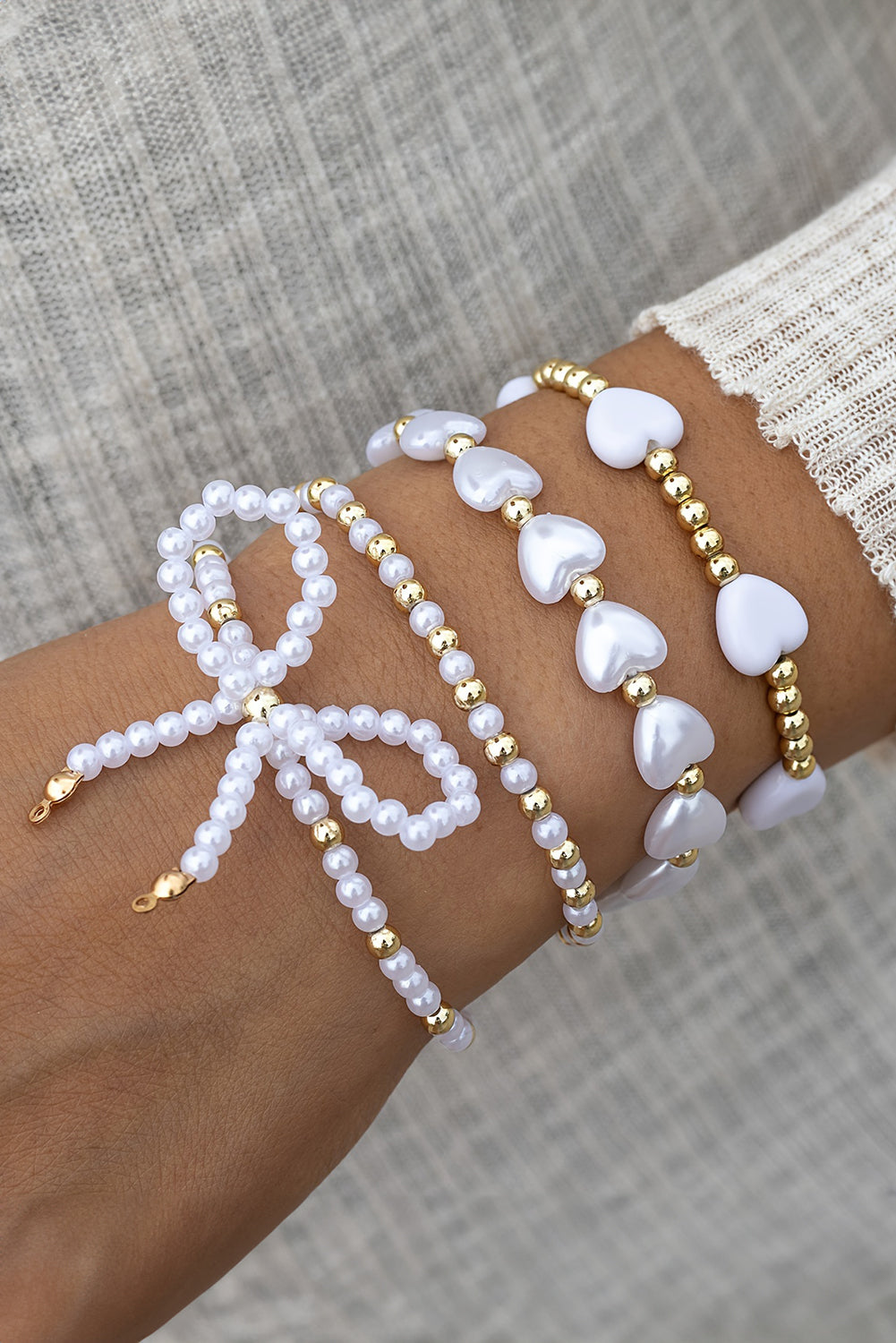 White Bow Knot Heart Shape Faux Pearl Beaded Bracelet Set Jewelry JT's Designer Fashion