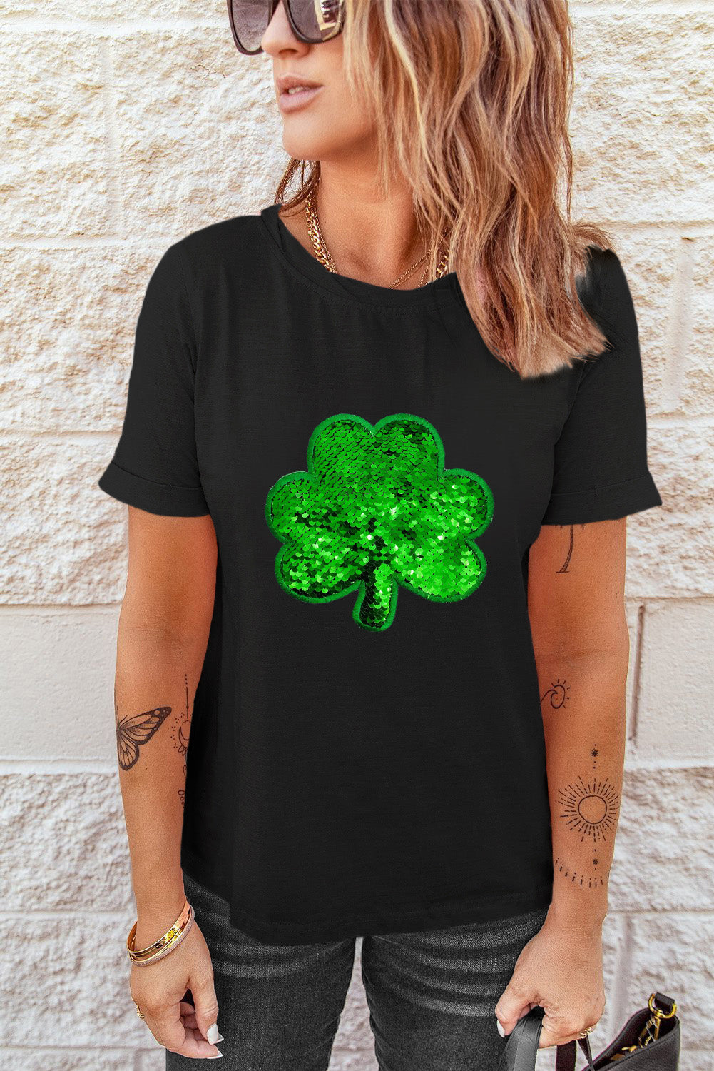 Black Sequin Clover Embroidered Round Neck Graphic Tee Graphic Tees JT's Designer Fashion