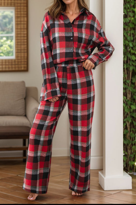 Plaid Long Sleeve Top and Pants Lounge Set Scarlet Sleepwear JT's Designer Fashion