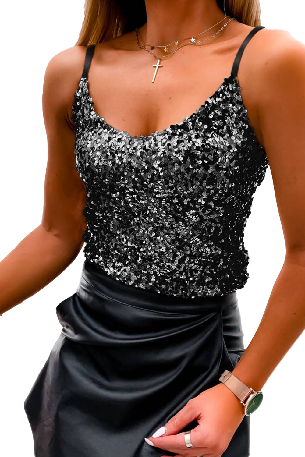 Black Sequined Adjustable Spaghetti Straps Tank Top Pre Order Tops JT's Designer Fashion