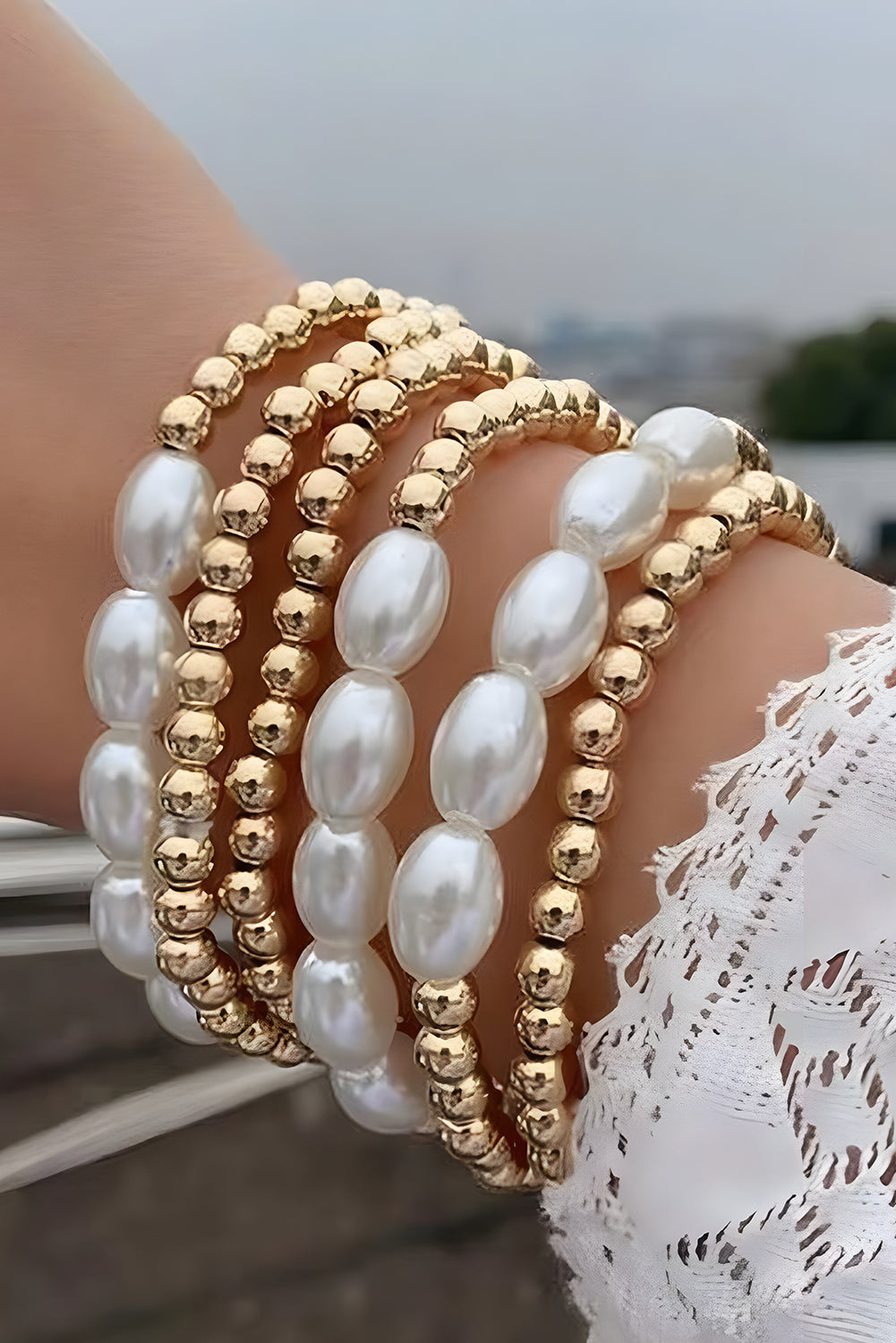 Gold Plated Pearl Beaded 6 Pcs Bracelet Set Jewelry JT's Designer Fashion