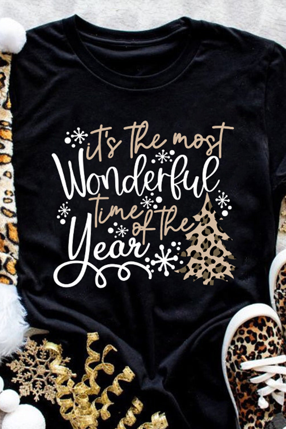 Black Wonderful Christmas Season Leopard Graphic Tee Graphic Tees JT's Designer Fashion