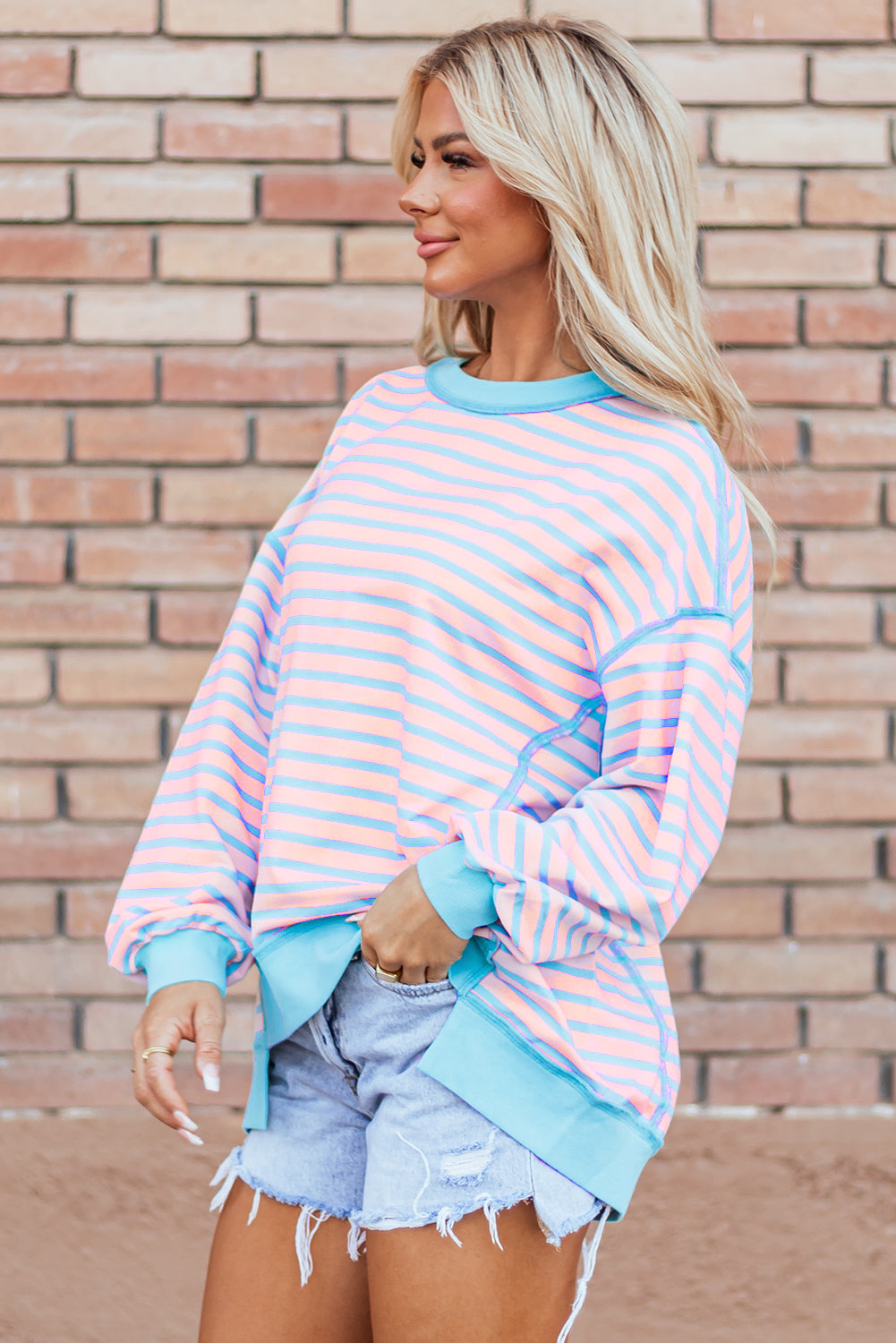 Pink Stripe Contrast Trim High Low Pullover Tunic Sweatshirt Sweatshirts & Hoodies JT's Designer Fashion