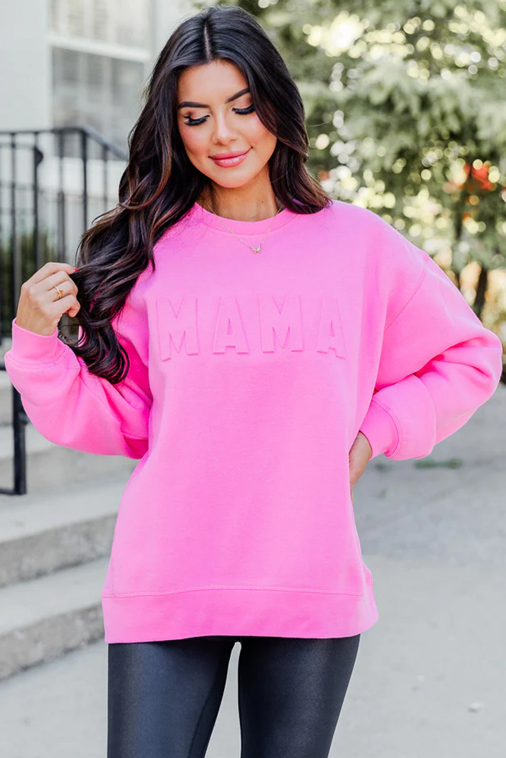 Bright Pink MAMA Letter Embossed Casual Sweatshirt Sweatshirts & Hoodies JT's Designer Fashion