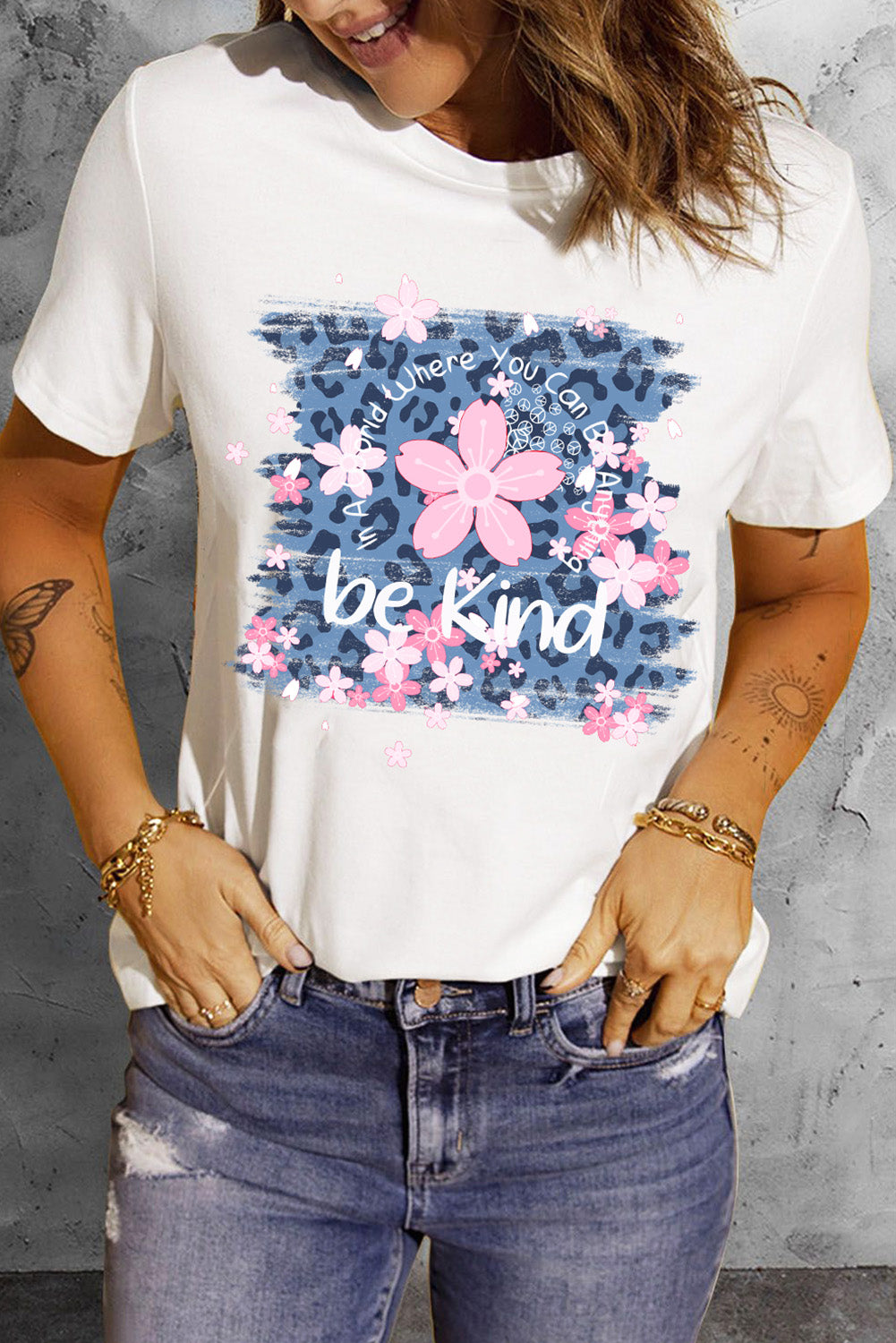 White Be Kind Cherry Blossoms Leopard Graphic T Shirt White 95%Polyester+5%Spandex Graphic Tees JT's Designer Fashion