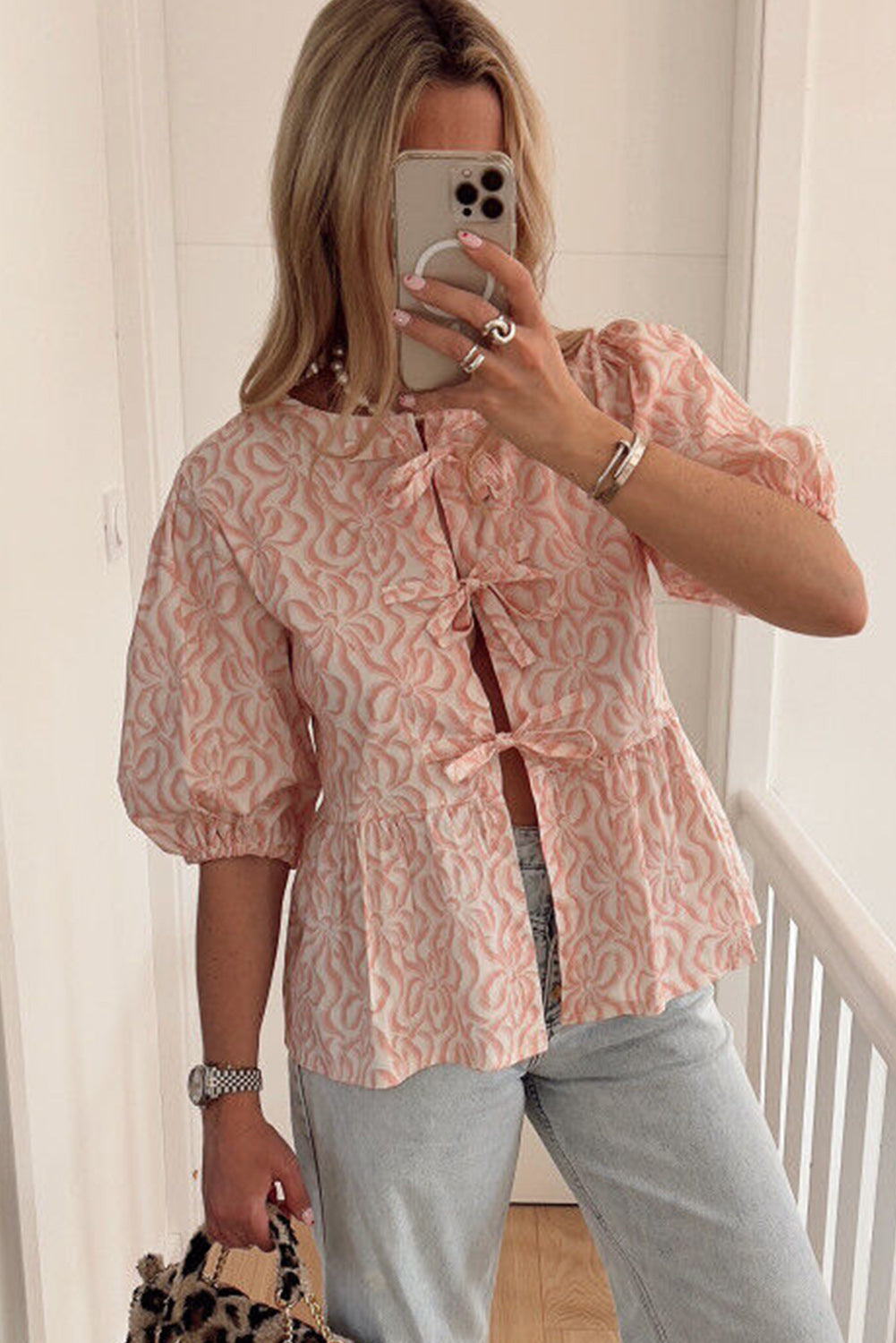 Pink Printed Bowknot Closure Half Sleeve Peplum Blouse Tops & Tees JT's Designer Fashion