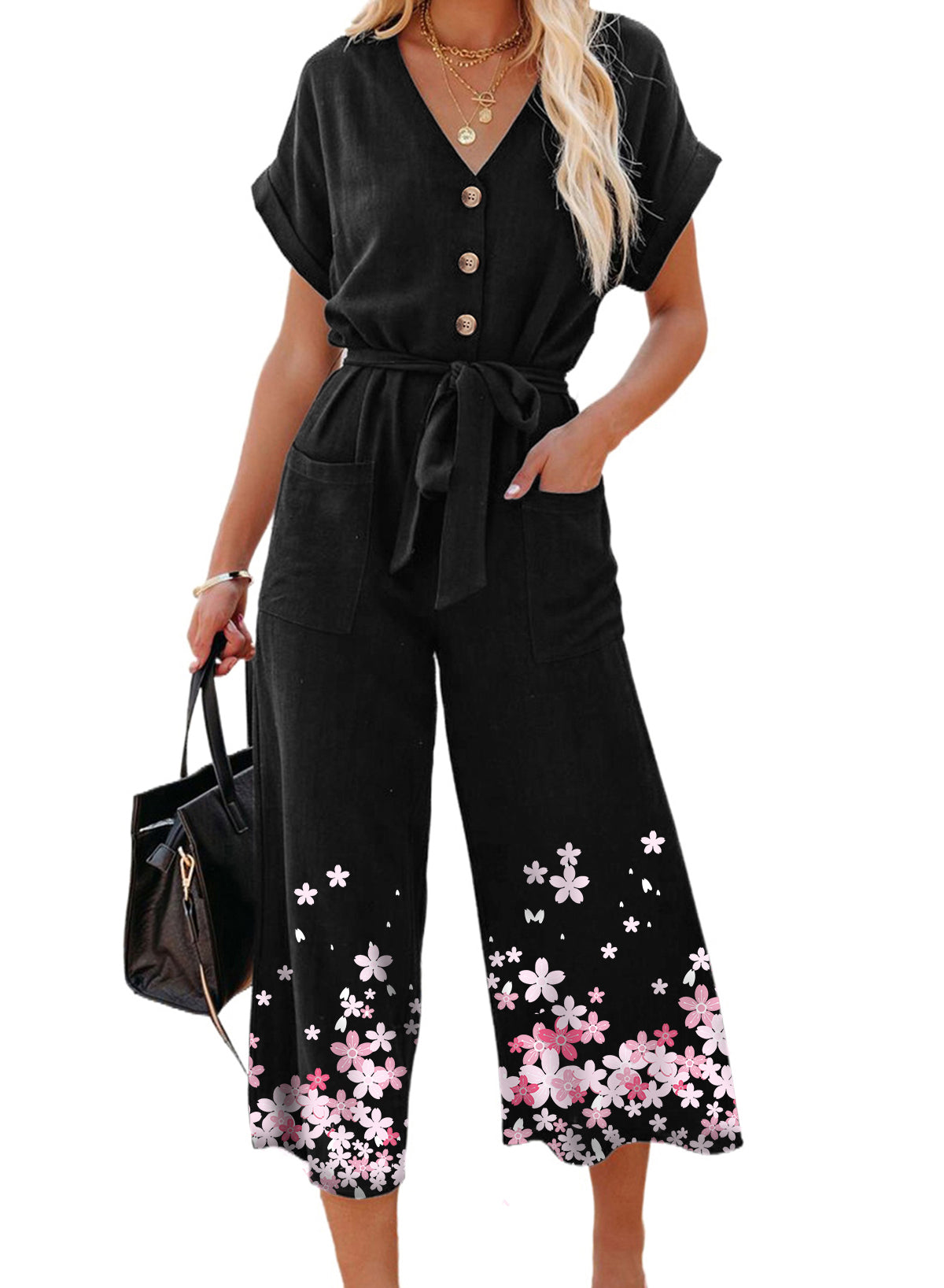 Black Floral Print Buttoned Lace-up Belted Wide Leg Jumpsuit Jumpsuits & Rompers JT's Designer Fashion