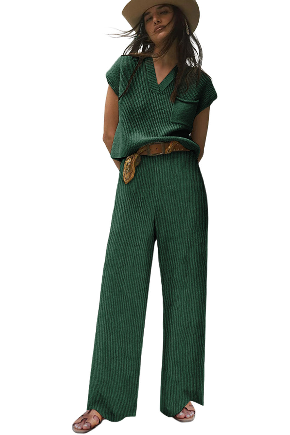 Green Knitted V Neck Sweater and Casual Pants Set Pant Sets JT's Designer Fashion