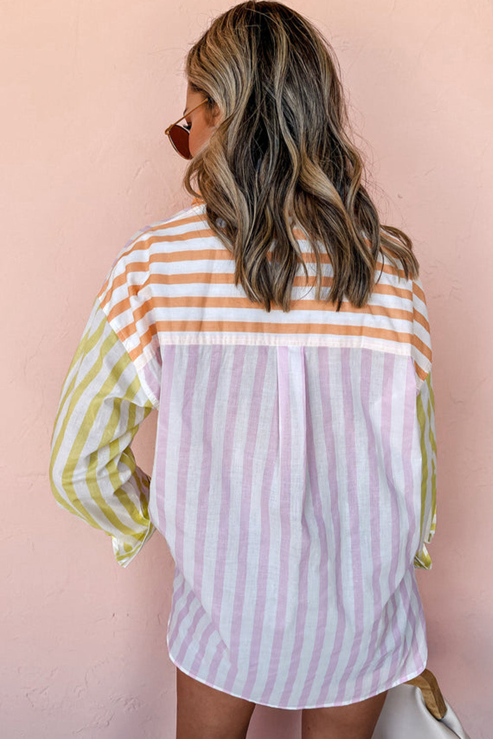 Pink Stripe Contrast Collar Long Sleeve Patchwork Shirt Tops & Tees JT's Designer Fashion