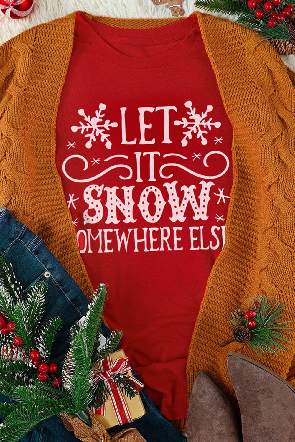 Fiery Red Let It Snow Somewhere Else Snowflake Graphic T Shirt Graphic Tees JT's Designer Fashion