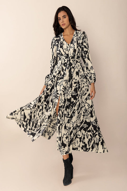 Tied Printed V-Neck Long Sleeve Midi Dress Maxi Dresses JT's Designer Fashion