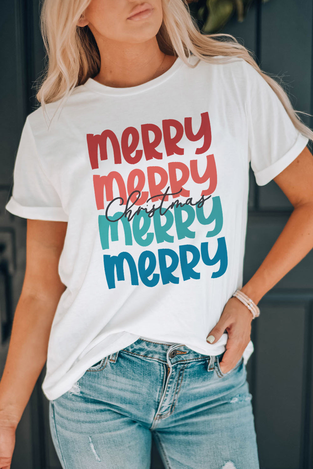 White Merry Christmas Letter Print Crew Neck T Shirt Graphic Tees JT's Designer Fashion