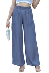 Sky Blue Side Pockets Frilled Smocked High Waist Wide Leg Jeans Bottoms JT's Designer Fashion