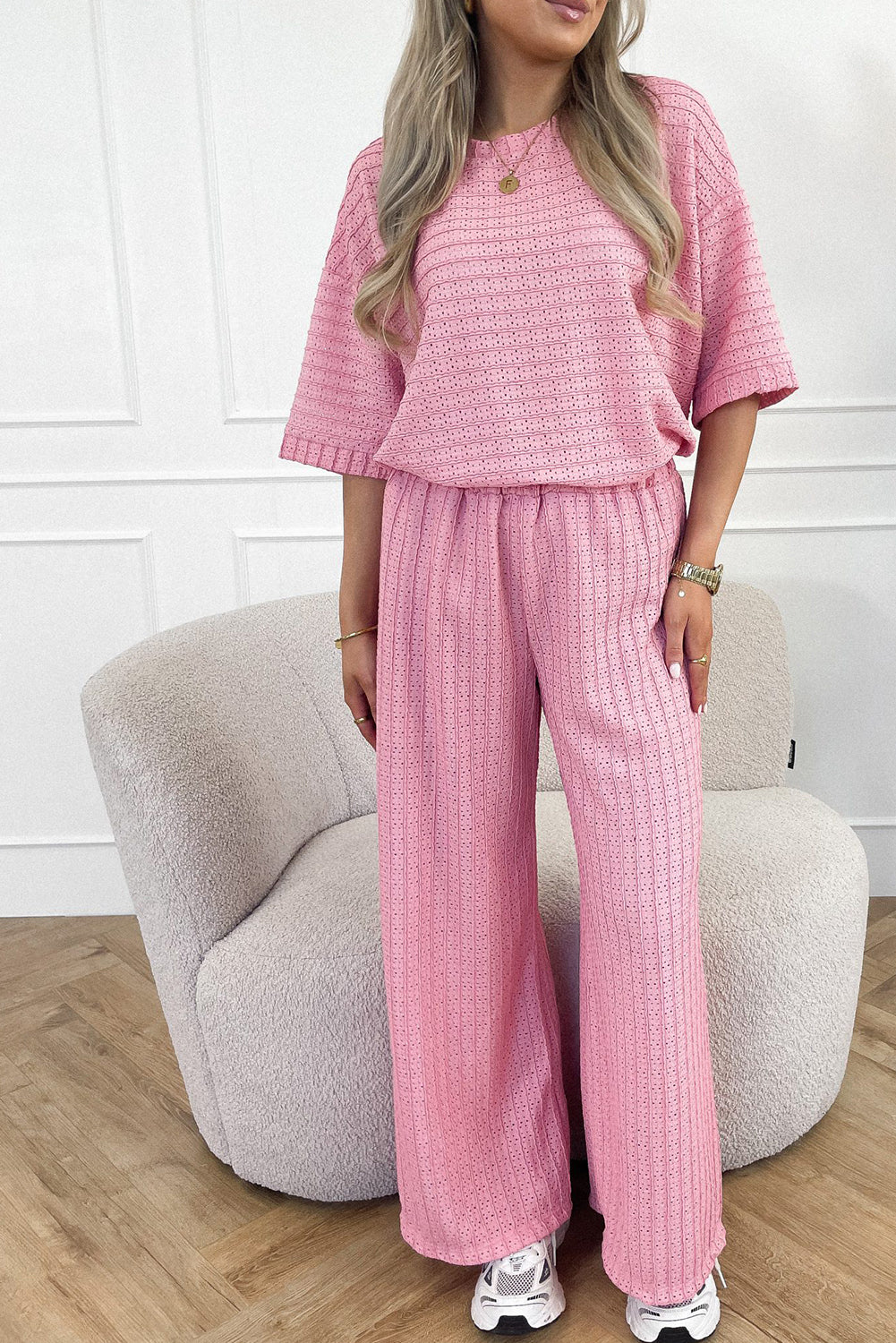 Pink Textured Half Sleeve Tee and Wide Leg Pants Set Bottoms JT's Designer Fashion