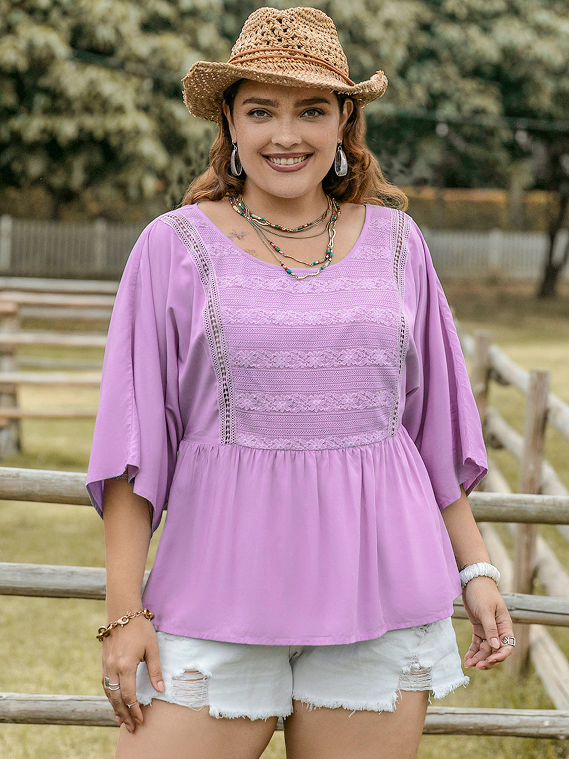 Plus Size Lace Detail Round Neck Three-Quarter Sleeve Blouse Blouses & Shirts JT's Designer Fashion