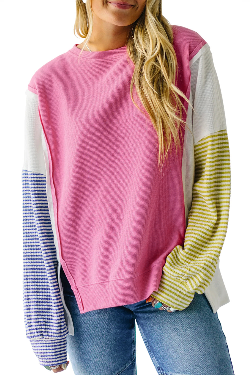 Sachet Pink Exposed Seam Striped Color Block Patchwork Long Sleeve Top Long Sleeve Tops JT's Designer Fashion