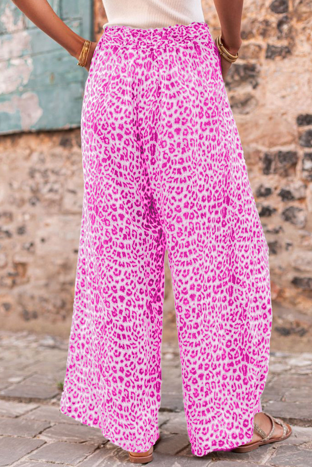 Bright Pink Boho Leopard Wide Leg Pants Bottoms JT's Designer Fashion