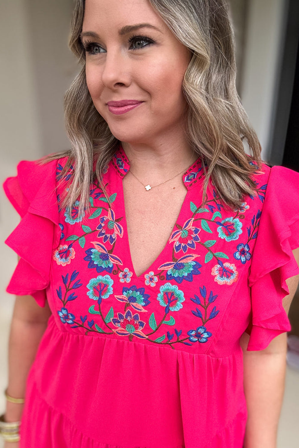 Strawberry Pink Embroidered Ruffled Sleeve Tiered Plus Dress Plus Size JT's Designer Fashion