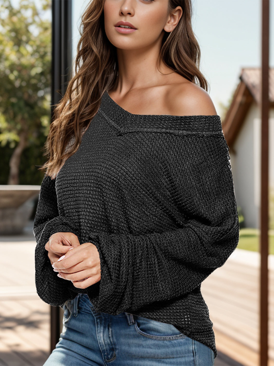 Dropped Shoulder Long Sleeve Knit Top Long Sleeve Tops JT's Designer Fashion