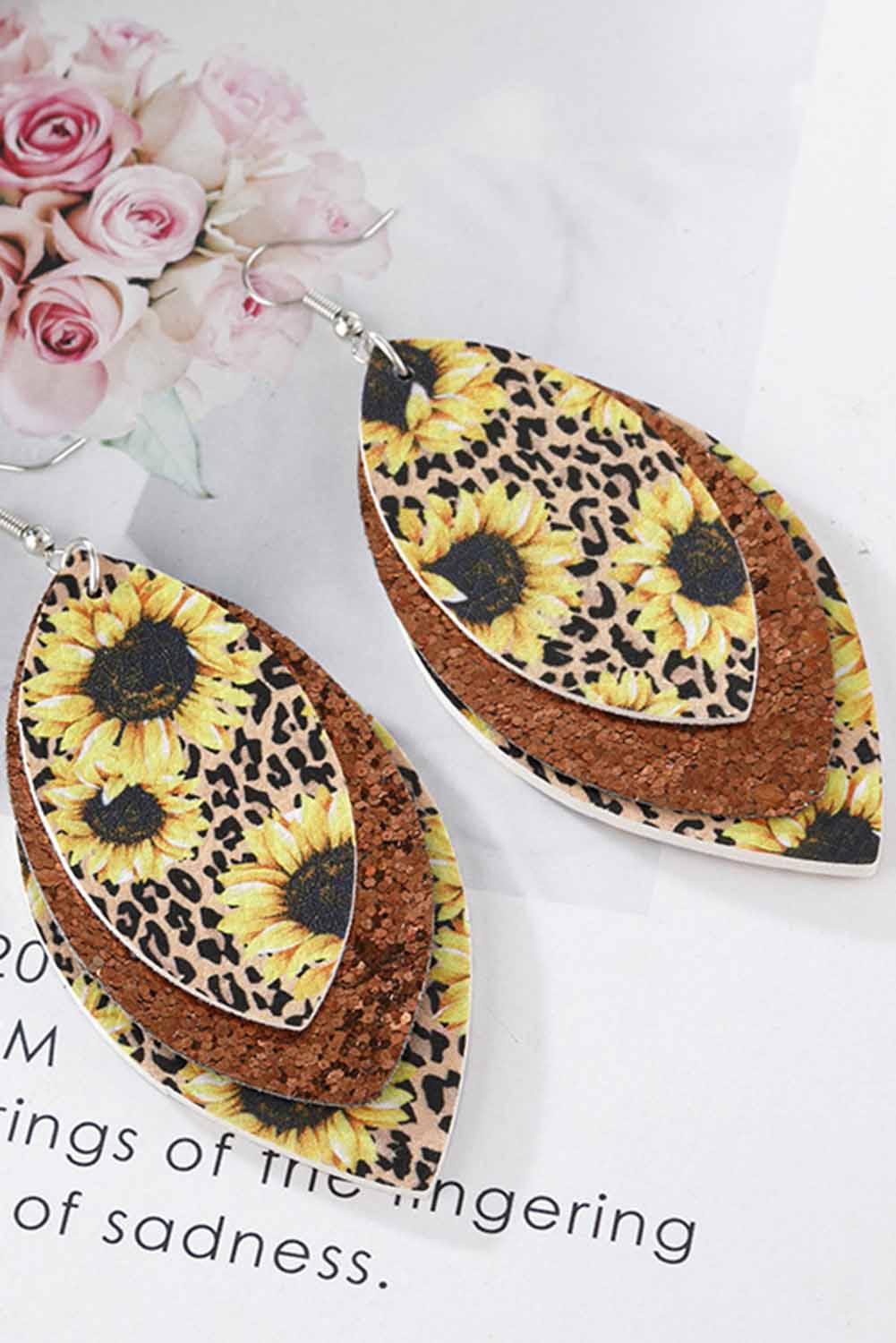 Leopard Sunflower Golden Sequined Leaf Multi-Layered Leather Earrings Jewelry JT's Designer Fashion