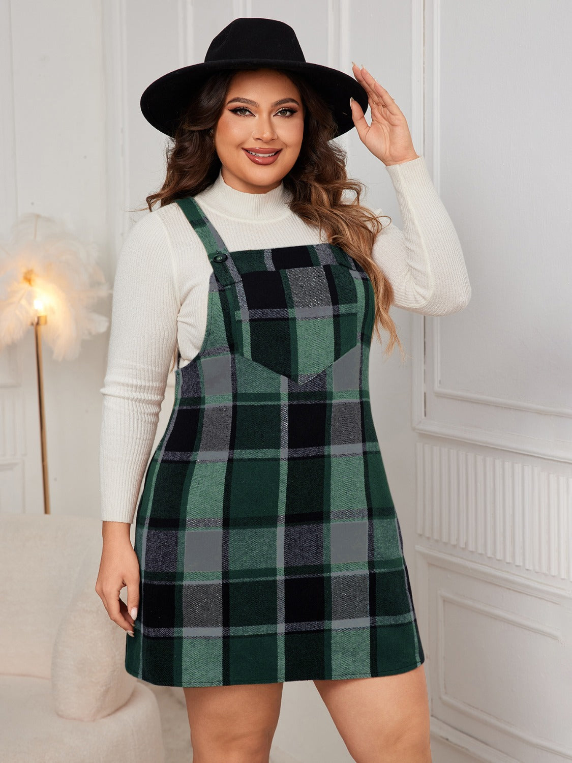 Plus Size Plaid Wide Strap Overall Dress Mini Dresses JT's Designer Fashion