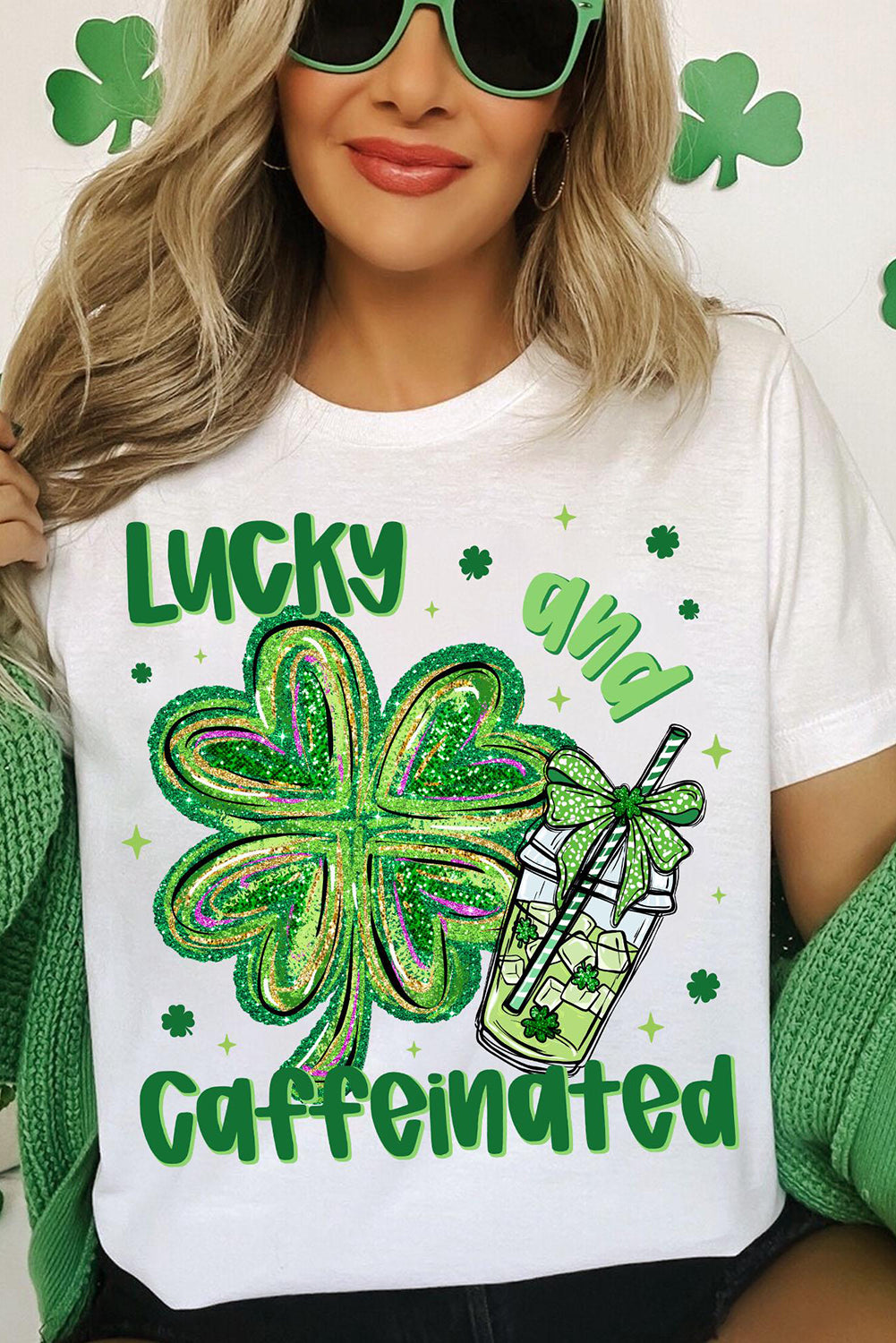 White Lucky and Caffeinated Clover Graphic St Patrick Tee Graphic Tees JT's Designer Fashion