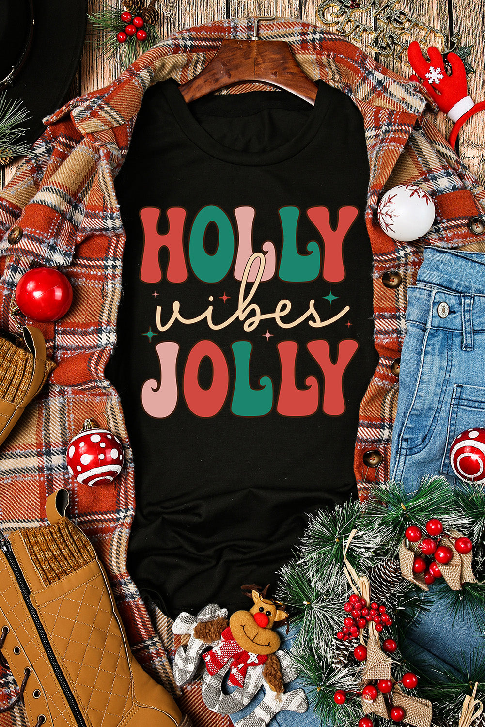 Black HOLLY JOLLY Vibes Christmas Crew Neck T Shirt Graphic Tees JT's Designer Fashion