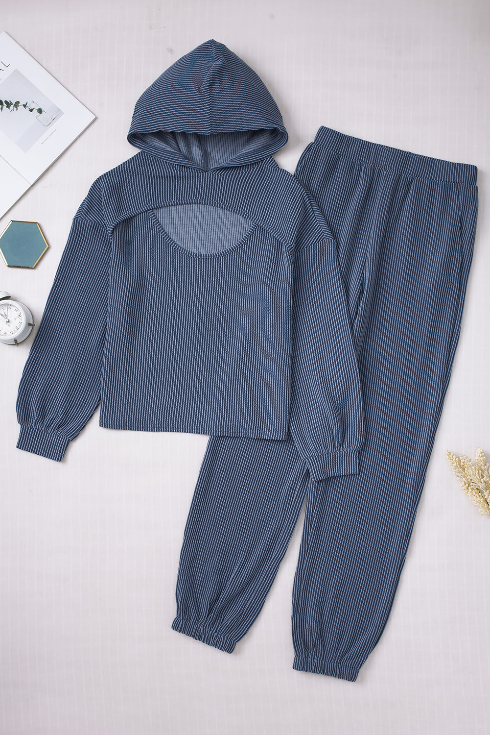 Blue Hollow-out Ribbed Hoodie Pants Casual 2pcs Outfit Pant Sets JT's Designer Fashion