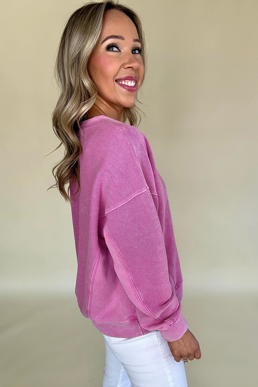 Bright Pink Solid Color Notched Neck Drop Shoulder Sweatshirt Sweatshirts & Hoodies JT's Designer Fashion